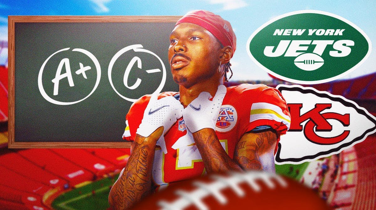 Mecole Hardman with the Jets and Chiefs logos behind him and a chalkboard that has letter grades on it.