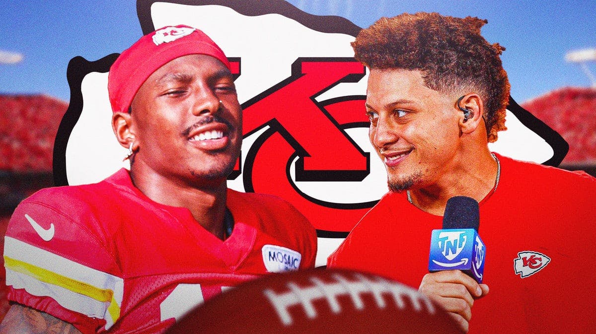 Image: Patrick Mahomes and Mecole Hardman both in image looking happy and at each other if possible, KC Chiefs logo, football field