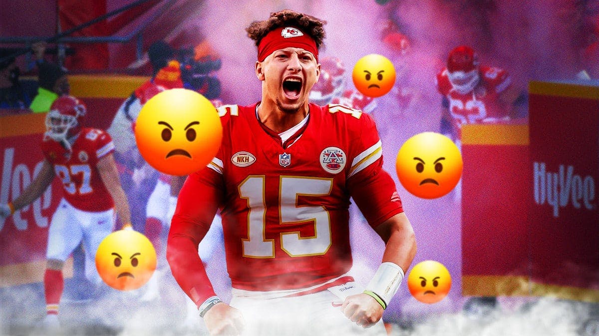 Patrick Mahomes surrounded by angry emojis.