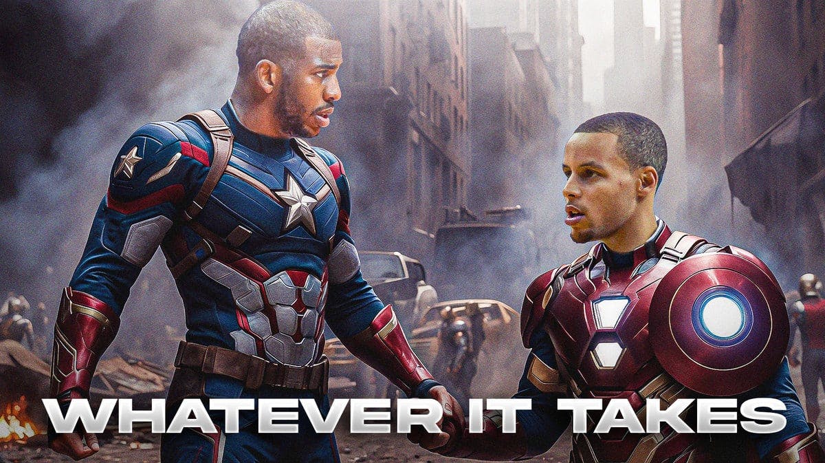 Warriors' Chris Paul as Captain America talking to Steph Curry as Iron Man in Avengers