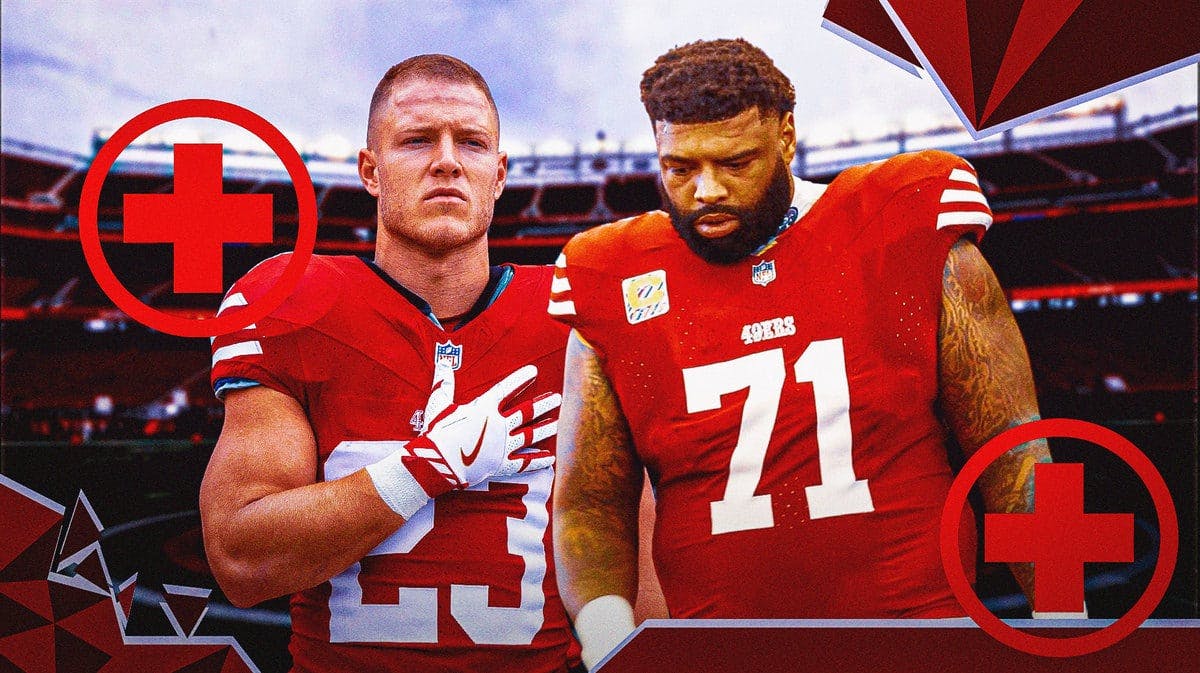 Christian McCaffrey and Trent Williams of the 49ers each with medical cross symbol