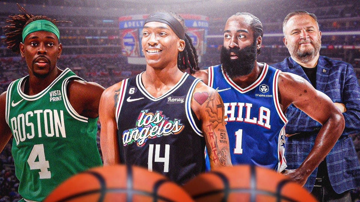 Jrue Holiday in a Celtics uni on the left, with Clippers' Terance Mann smiling in the middle, with Sixers' James Harden and Daryl Morey on the right