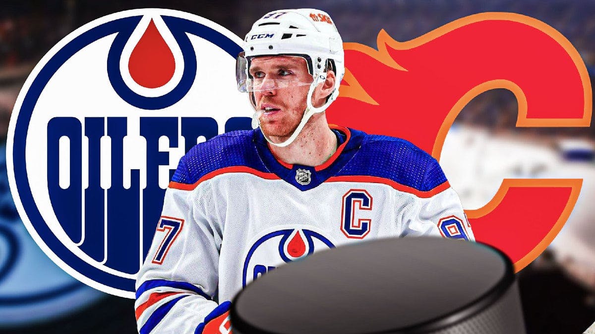 Connor McDavid in middle of image looking happy, 2023 NHL Heritage Classic rink in background, EDM Oilers logo and CGY Flames logo in image