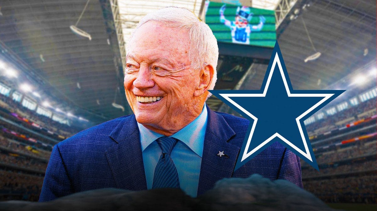 Jerry Jones smiling with the Cowboys logo in the background