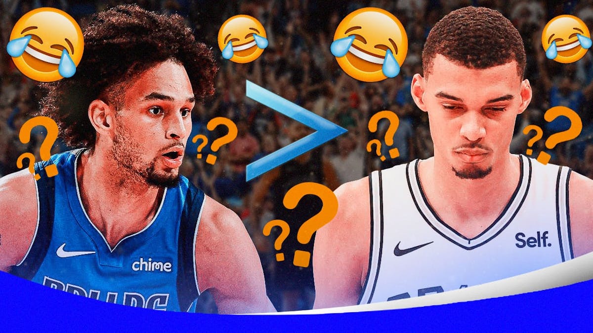 Mavs' Dereck Lively hyped up on the left, with a greater than symbol in the middle, with Spurs' Victor Wembanyama on the right looking worried, with ROFL emojis and question marks all over the photo