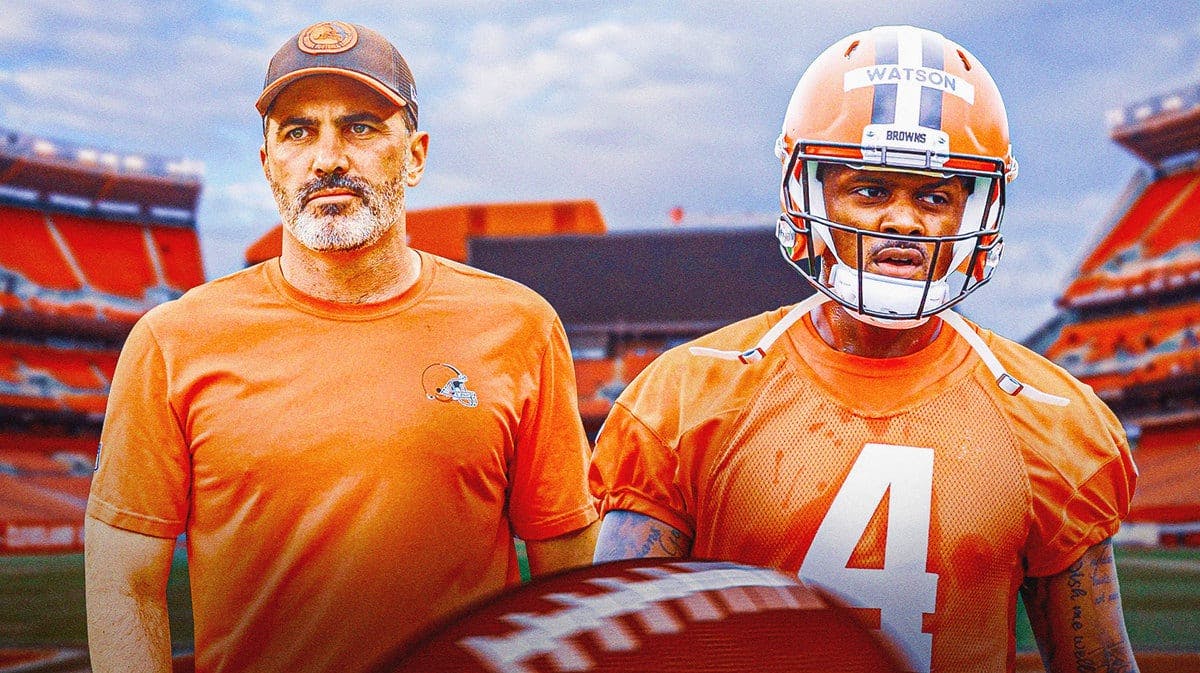 Head coach Kevin Stefanski and quarterback Deshaun Watson in front of Cleveland Browns Stadium.
