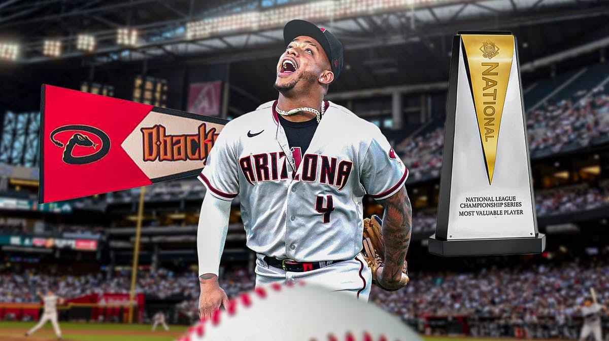 Image: Ketel Marte in image looking happy in middle with fire around him, NLCS pennant, NLCS MVP in image, Diamondbacks logo, baseball field in background