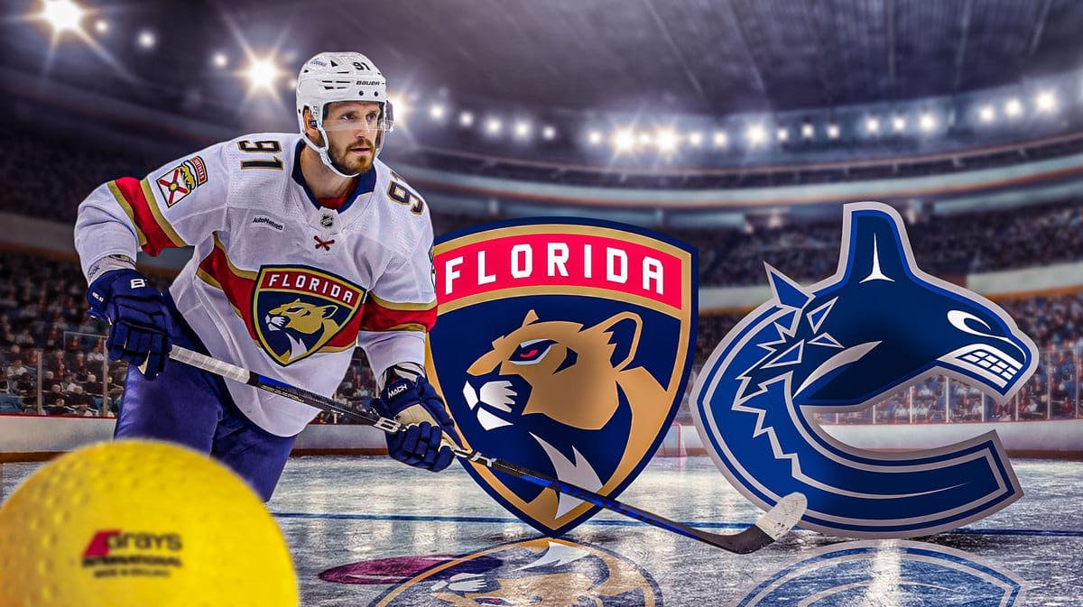 Imge: Oliver Ekman Larsson in middle of image looking happy, VAN Canucks logo and FLA Panthers logo in image, hockey rink in background