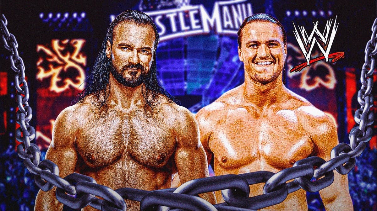 2023 Drew McIntyre next to 2012 Drew McIntyre in a wrestling ring with the WWE logo as the background.