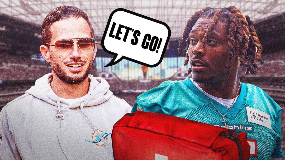 Jalen Ramsey in a Dolphins jersey with an injury kit in front of him, Mike McDaniel with a speech bubble that says Let's go!