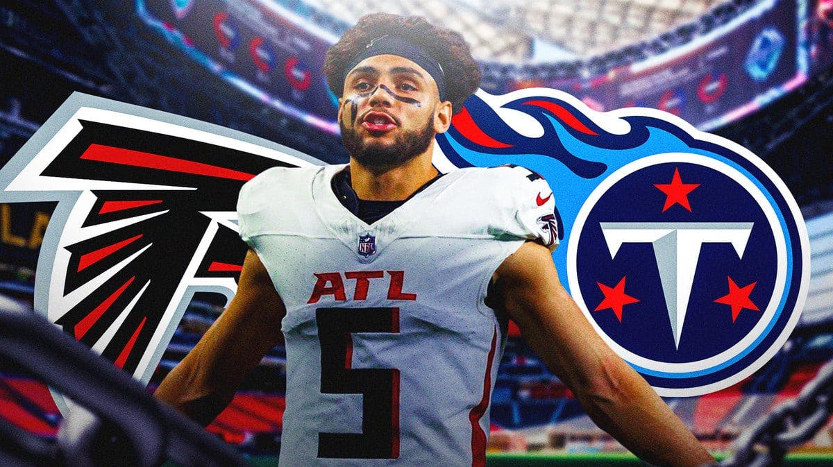 Drake London in front of Falcons and Titans logos