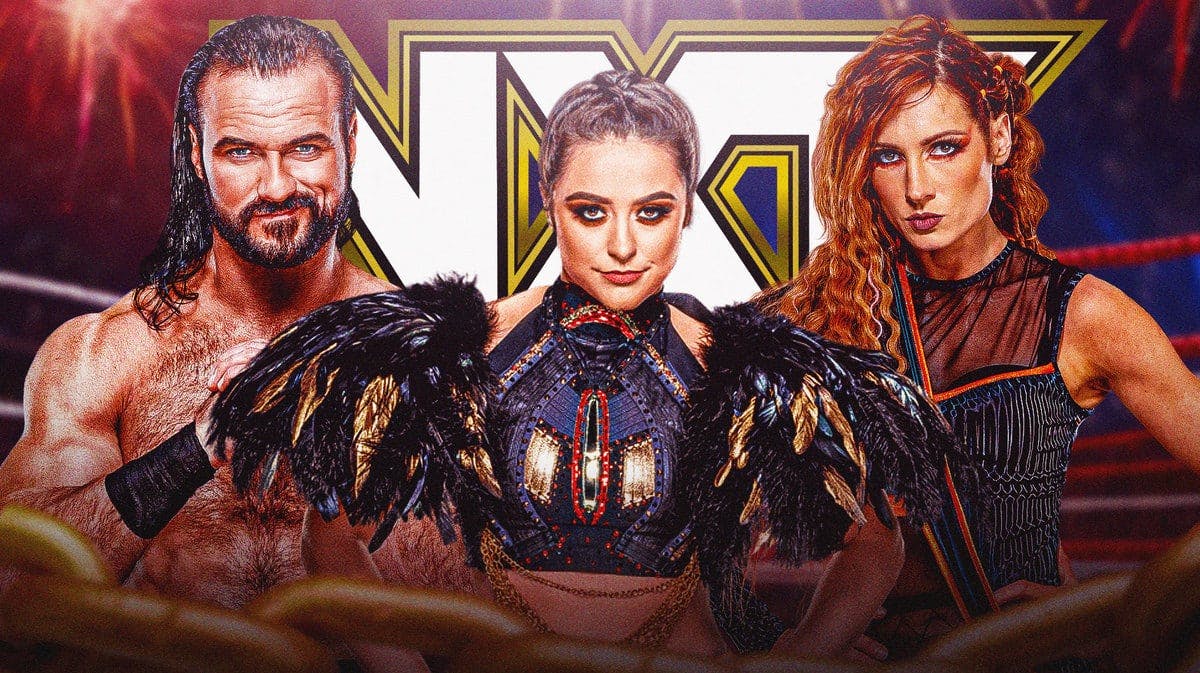 Lyra Valkyria with Drew McIntyre on her left and Becky Lynch on her right with the NXT logo as the background.