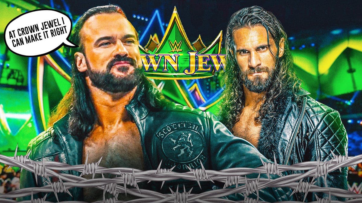 Drew McIntyre with a text bubble reading “At Crown Jewel I can make it right” next to Seth Rollins with the WWE Crown Jewel logo as the background.