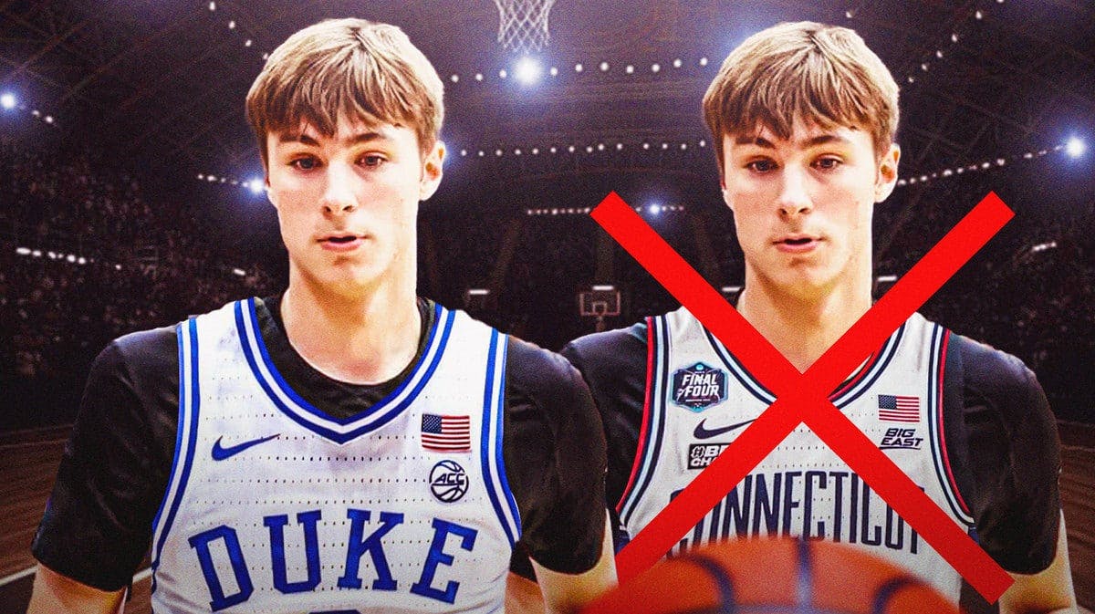 Cooper Flagg in a Duke basketball jersey next to Cooper Flagg in a UConn basketball jersey after he committed to play for Duke