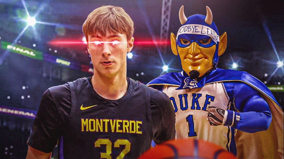 Cooper Flagg with woke eyes and the Dukle Blue Devils mascot in the background