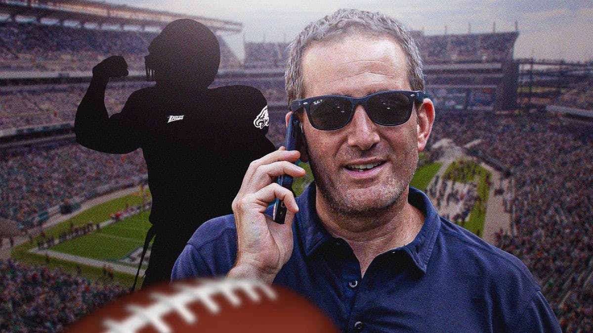 Eagles GMHowie Roseman on the phone next to a silhouette of an Eagles player