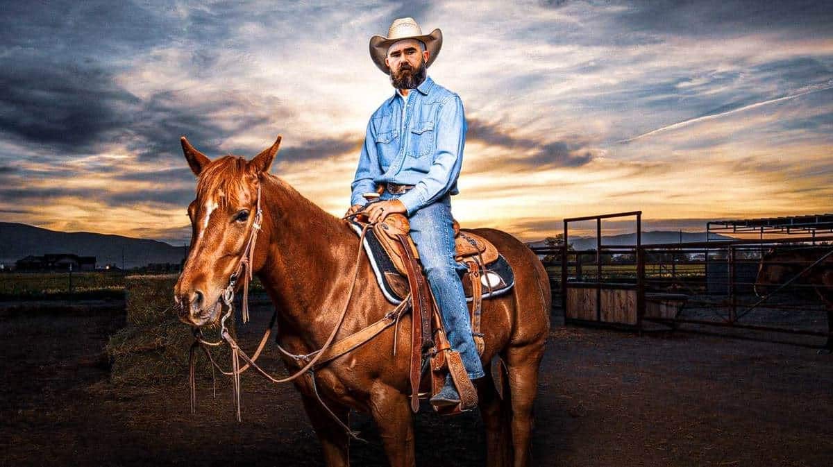 Eagles' Jason Kelce riding a horse to the sunset