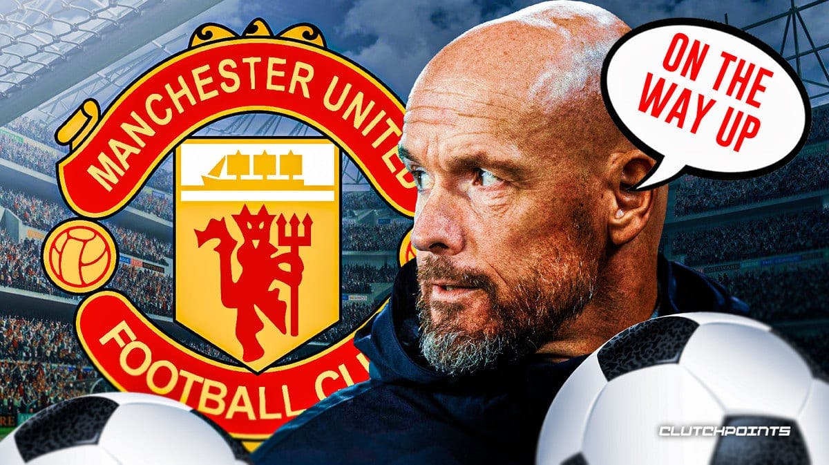 Erik ten Hag saying: 'On the way up' next to the Manchester United logo
