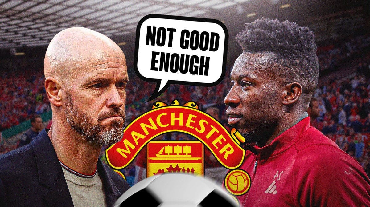 Erik ten Hag saying: ‘Not good enough’ looking at Andre Onana, the Manchester United logo between them