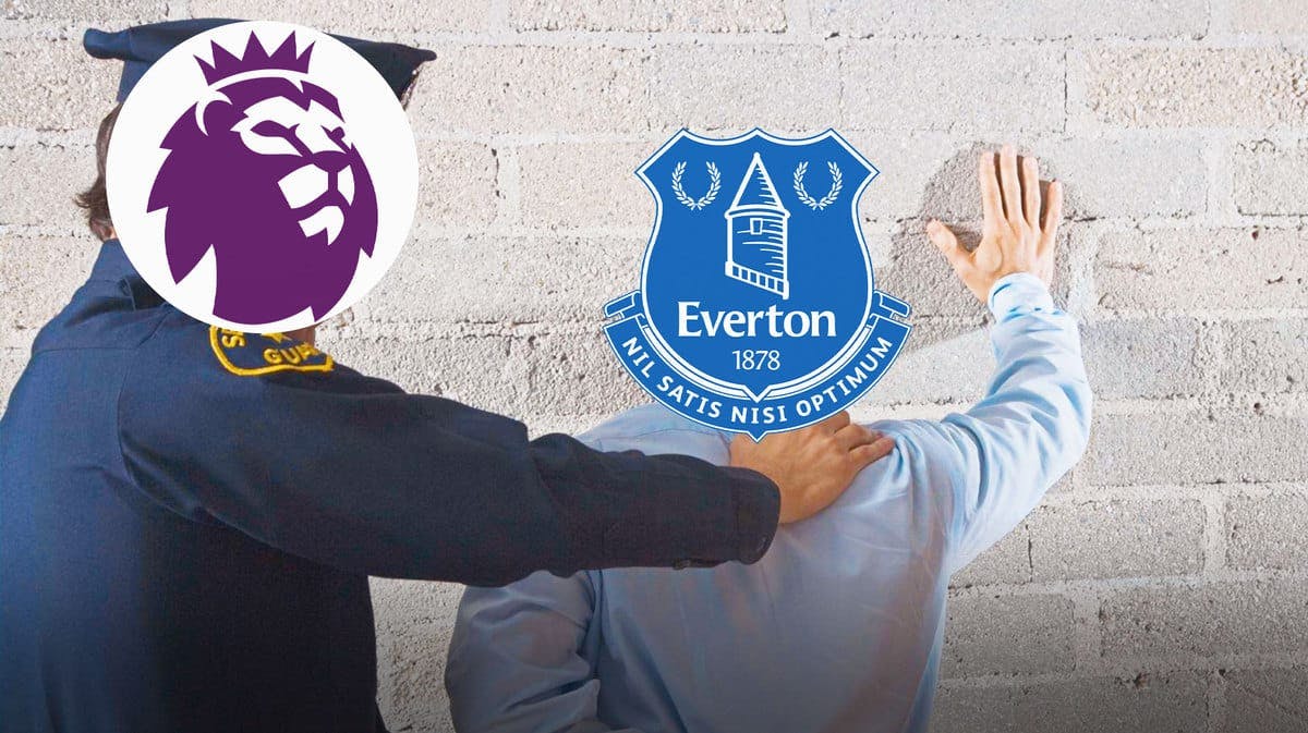 A police officer with the Premier League logo over his head, arresting a guy who has the Everton logo over his head