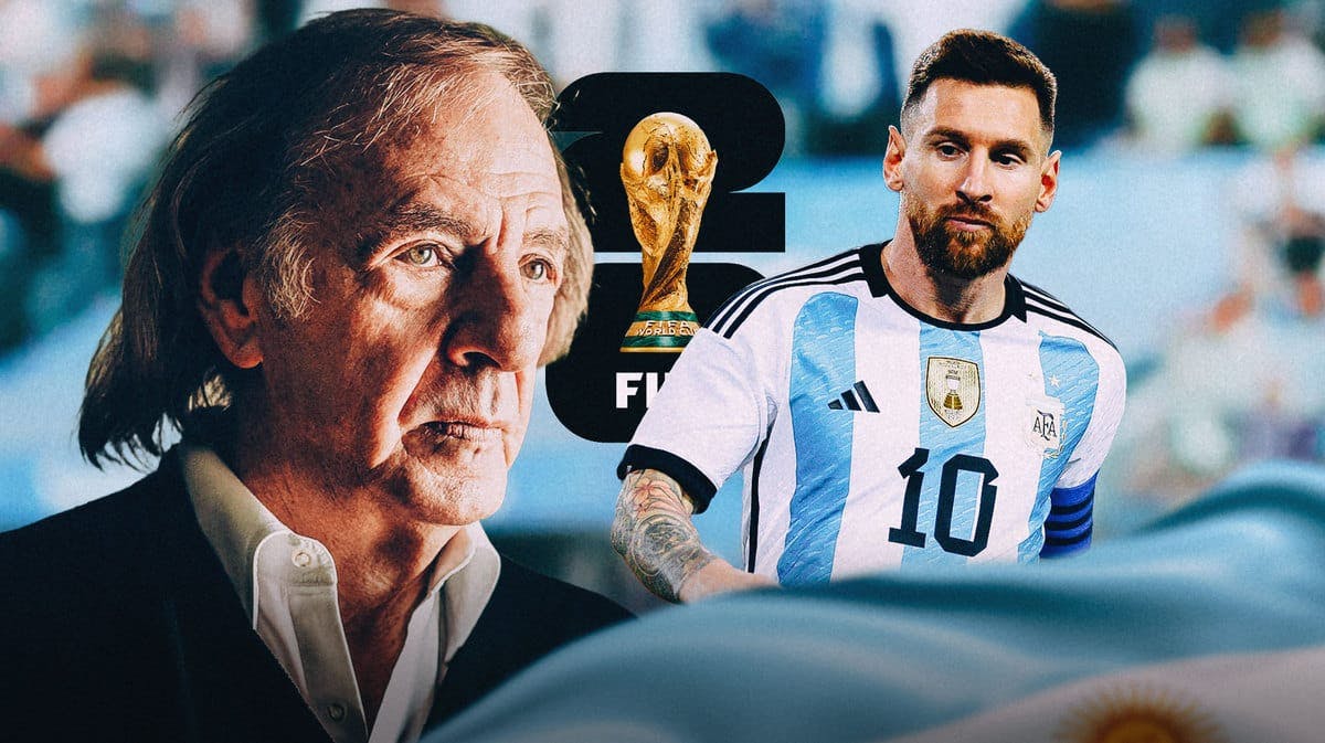 Cesar Luis Menotti and Lionel Messi in front of the 2026 FIFA World Cup logo