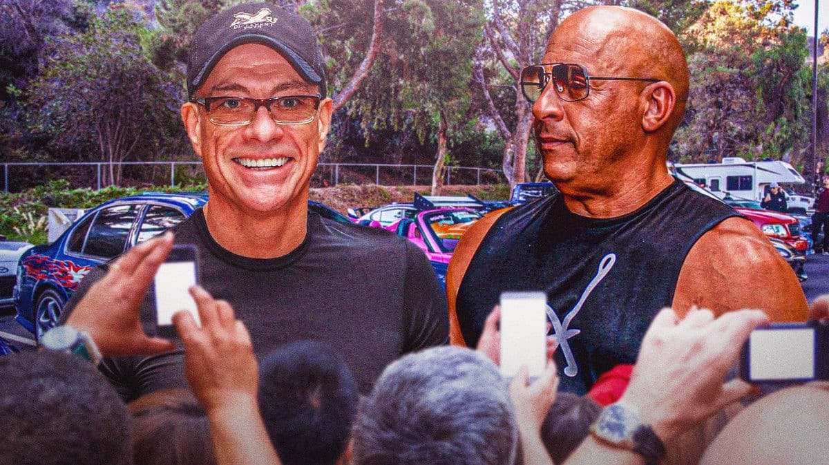 Jean-Claude Van Damme and Vin Diesel with sports cars behind them.