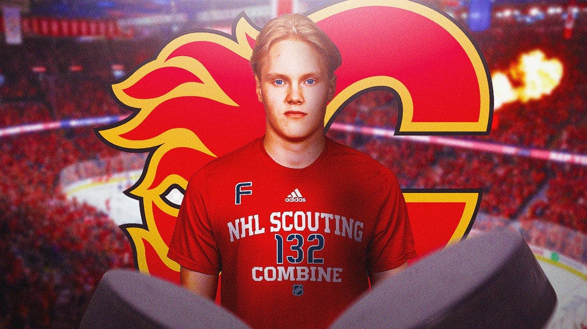 Image: Flames prospect Topi Ronni with Flames logo and hockey rink in background