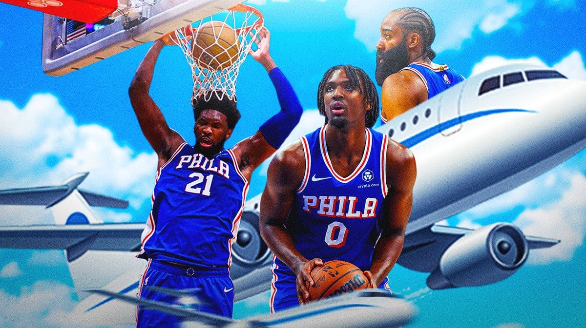 Sixers' Joel Embiid dunking a basketball. Sixers' Tyrese Maxey shooting a basketball. In the sky above, place James Harden flying away in an airplane.