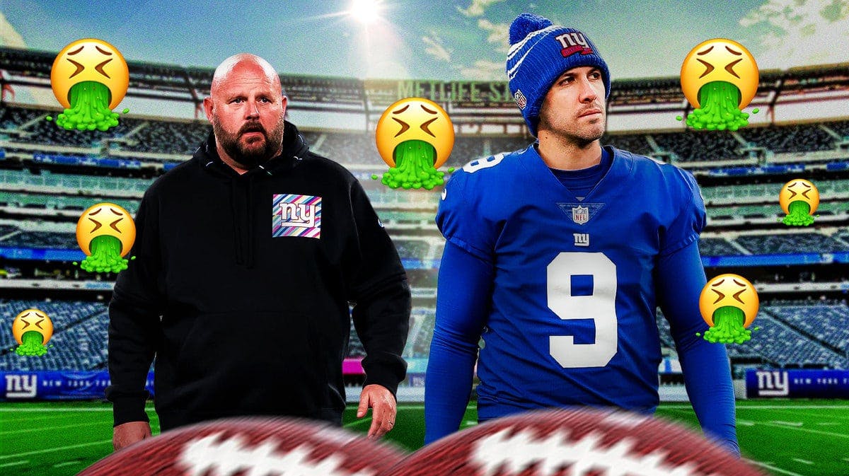 NY Giants' Brian Daboll and Graham Gano and 🤮 emojis surrounding them