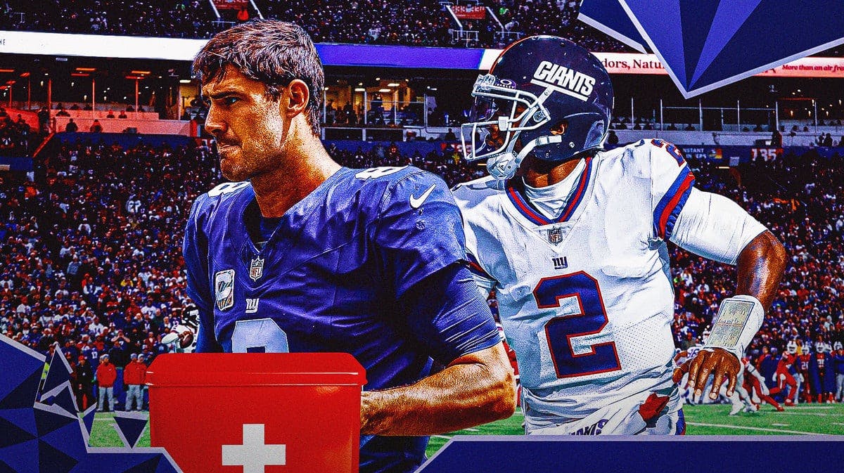 Daniel Jones with a first aid kit with Tyrod Taylor next to him