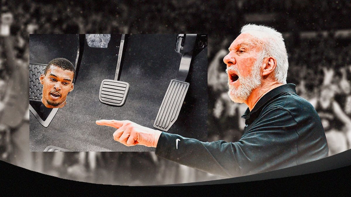 Spurs' Gregg Popovich looking at the three pedals of a manual transmission vehicle, with Wembanyama’s head on the clutch