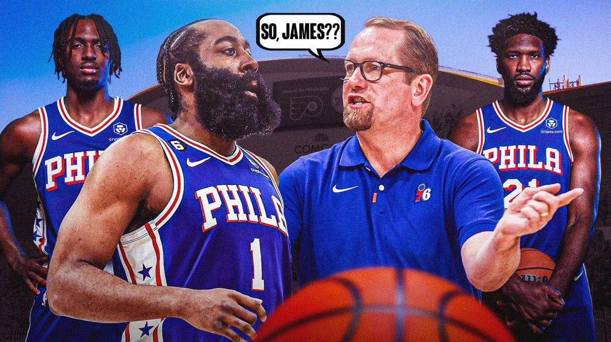 James Harden serious, Nick Nurse saying "So, James??", Tyrese Maxey, Joel Embiid in background