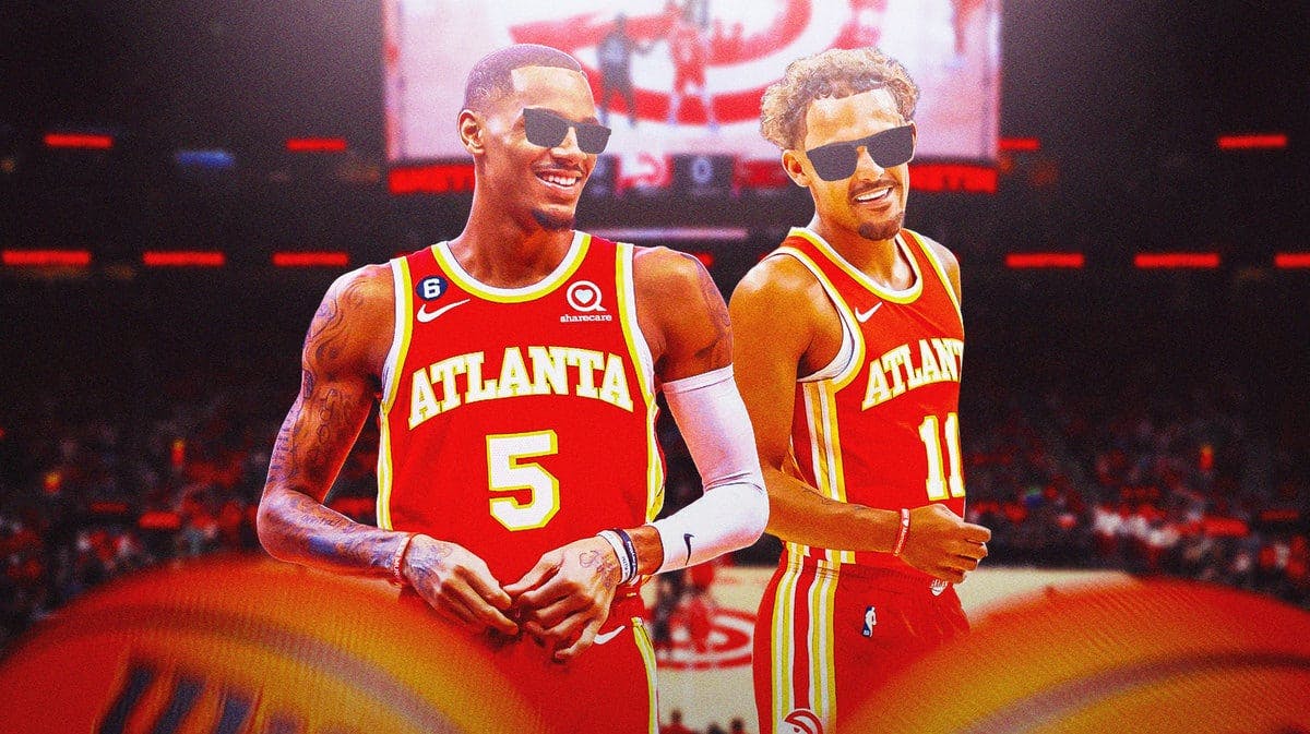 Hawks' Dejounte Murray, Hawks' Trae Young, both smiling and wearing sunglasses.