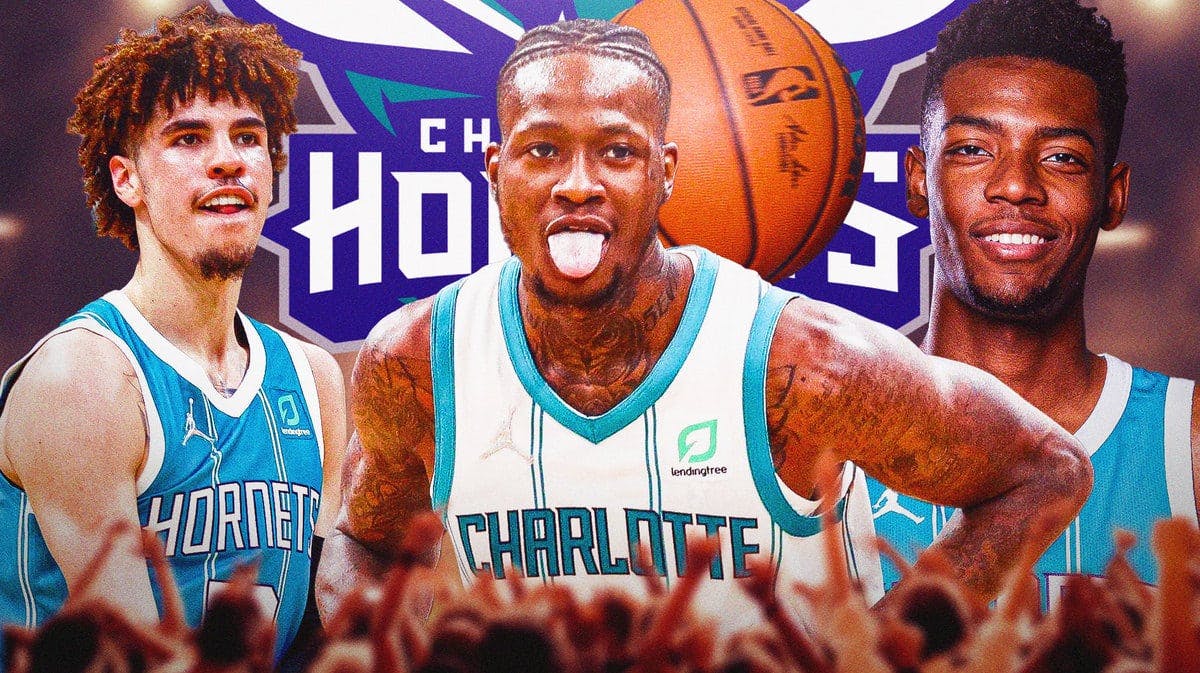 Image: Terry Rozier in middle of image, LaMelo Ball and Brandon Miller on either side, CHA Hornets logo, basketball court in background