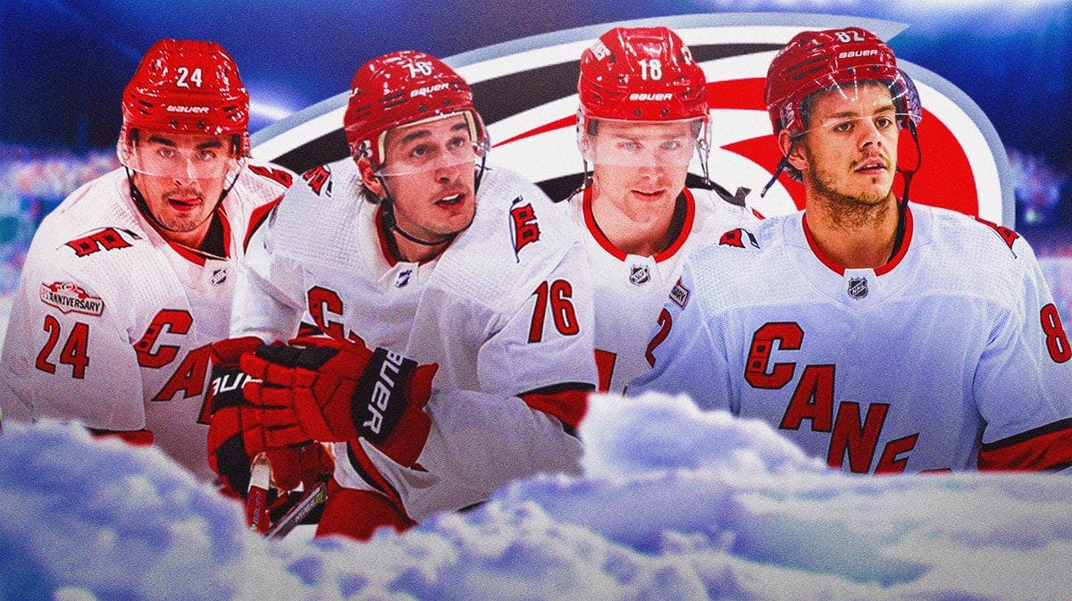 Image: Seth Jarvis, Brady Skjei, Jack Drury and Jesperi Kotkaniemi in image, CAR Hurricanes logo, hockey rink in background