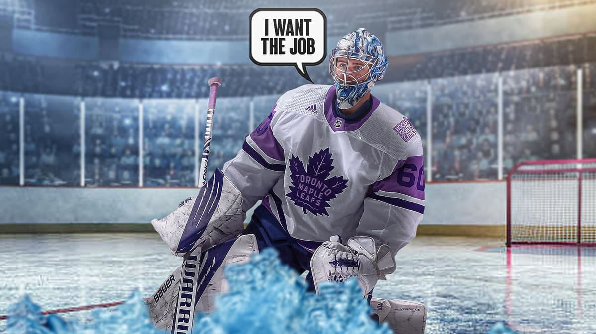 Joseph Woll in a Toronto Maple Leafs uniform with a caption bubble saying "I want the job"