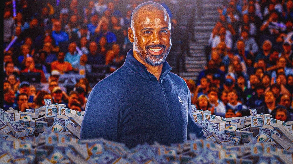 Houston Rockets coach Ime Udoka surrounded by piles of cash.