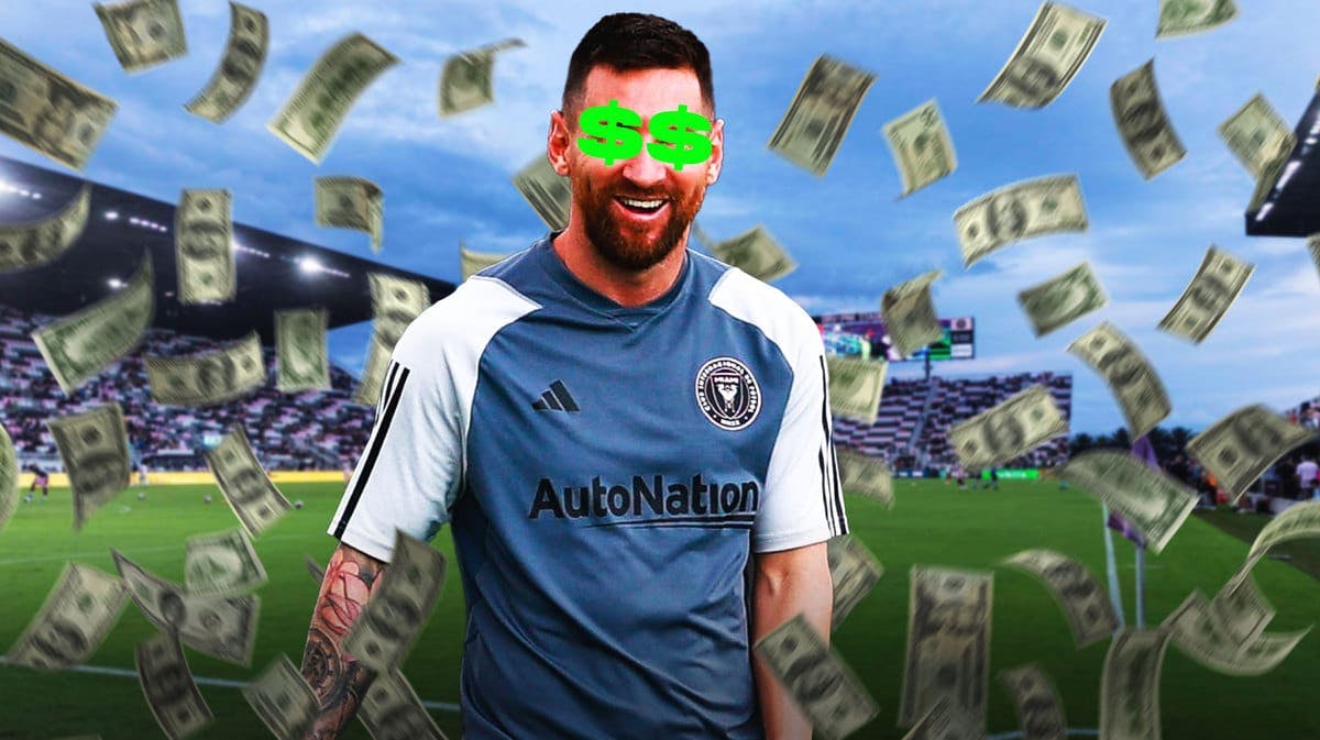 Lionel Messi standing on the field, money falling from the air, dollar signs over his eyes