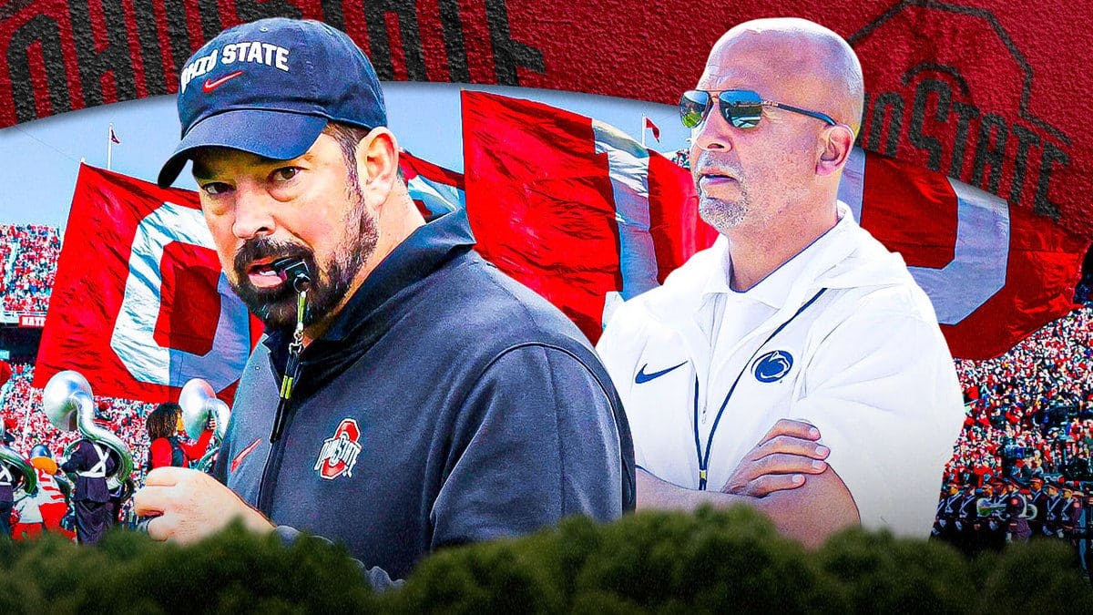 James Franklin and Ryan Day with the Ohio State football stadium in the background