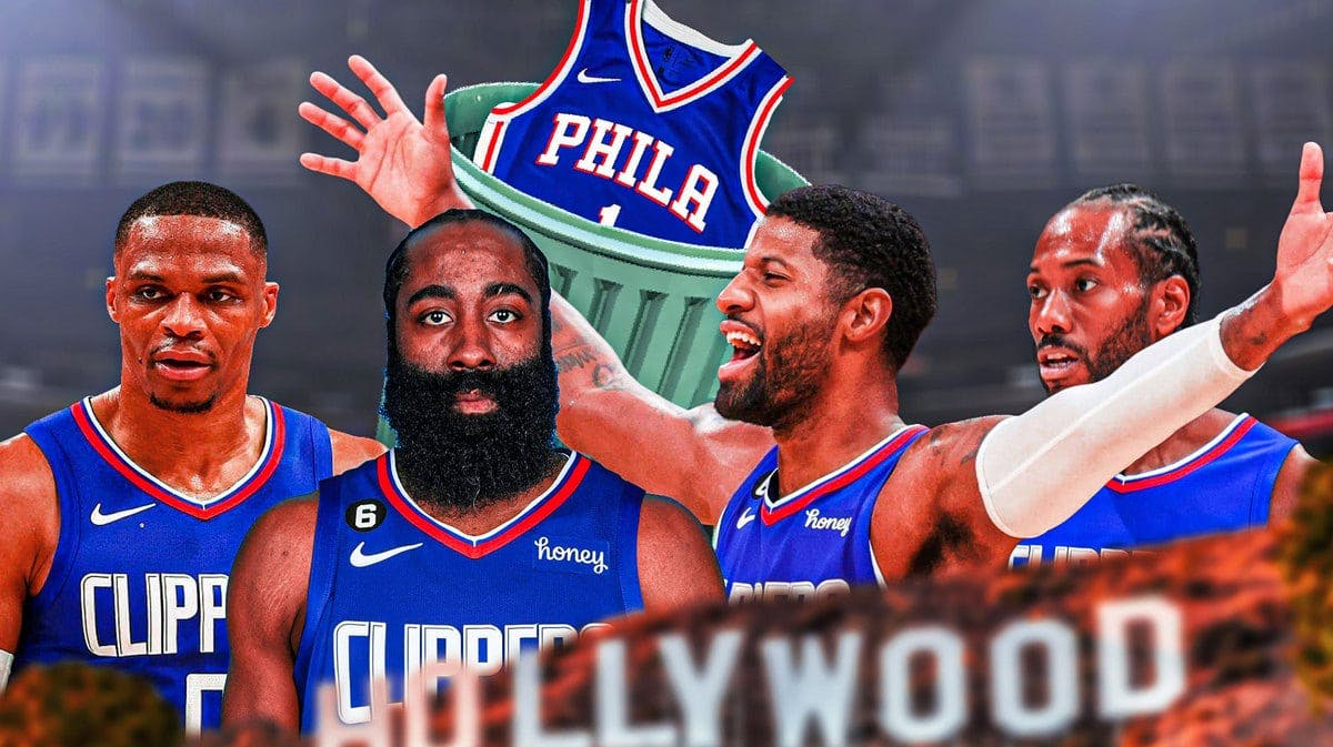 James Harden hyped up in a Clippers uni, with his Sixers uni in a trash can, with Harden running towards a happy Kawhi Leonard, Paul George, Russell Westbrook (all in Clippers uni)