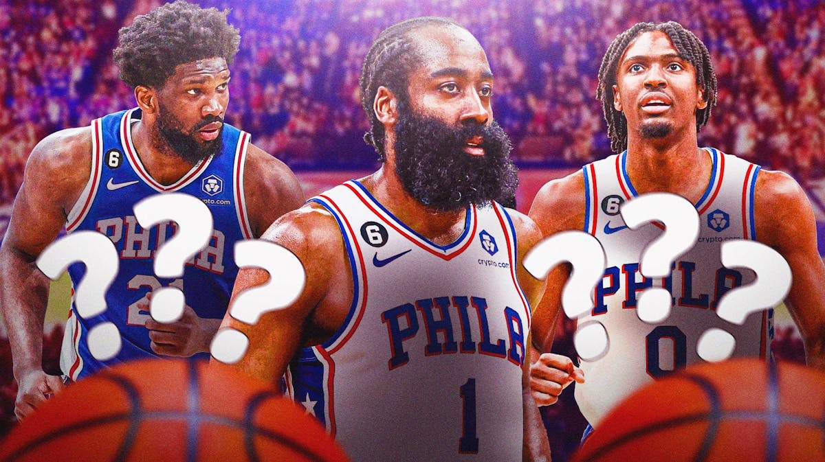 Sixers' James Harden with plenty of question marks around him, with Tyrese Maxey and Joel Embiid looking on in curiosity