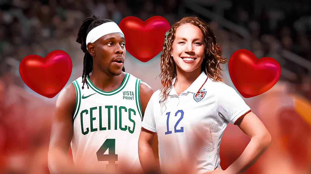 Jrue Holiday and Lauren Holiday surrounded by hearts.