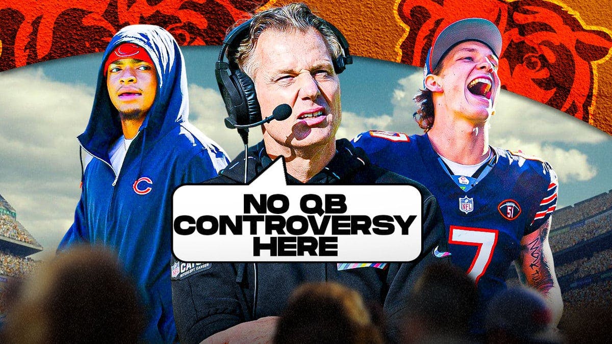 Chicago Bears coach Matt Eberflus in middle of image and speech bubble “No QB Controversy Here” with Bears QBs Justin Fields on one side of image and Tyson Bagent on other side of image.