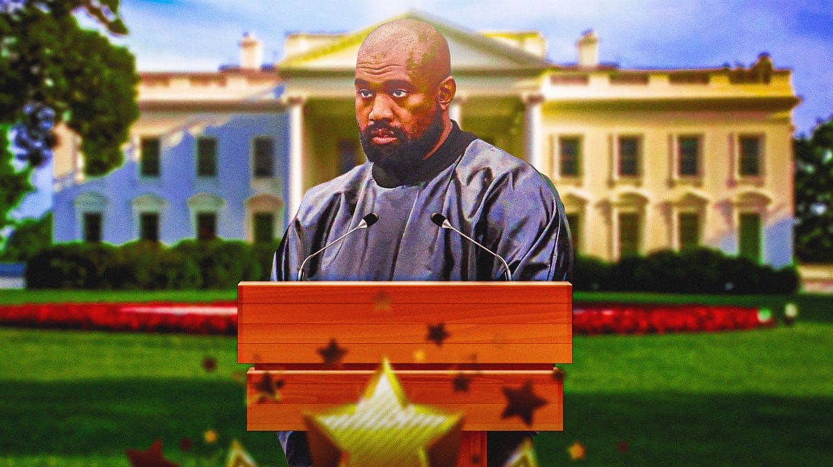 Kanye West standing at a presidential podium with the White House in the background