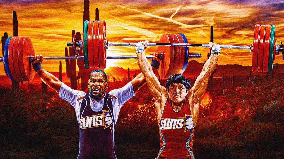 Kevin Durant and Yuta Watanabe of the Suns as weightlifters