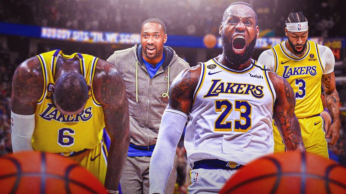 Lakers' LeBron James tired on the left, with LeBron hyped up on the right, with Gilbert Arenas smiling in the middle alongside Anthony Davis