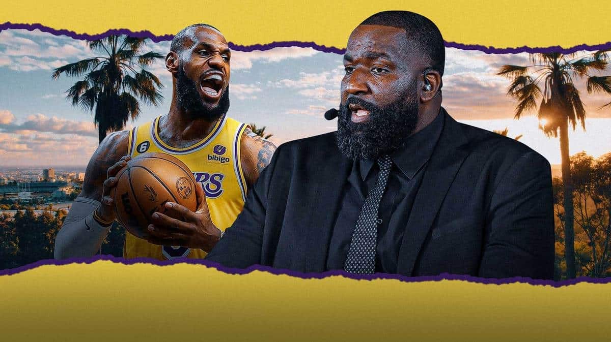 Lakers star Lebron James next to Kendrick Perkins in front of the city of Los Angeles.