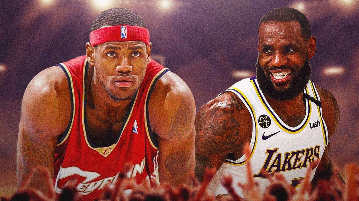 LeBron James, in a Lakers and Cavaliers uniform, two decades apart