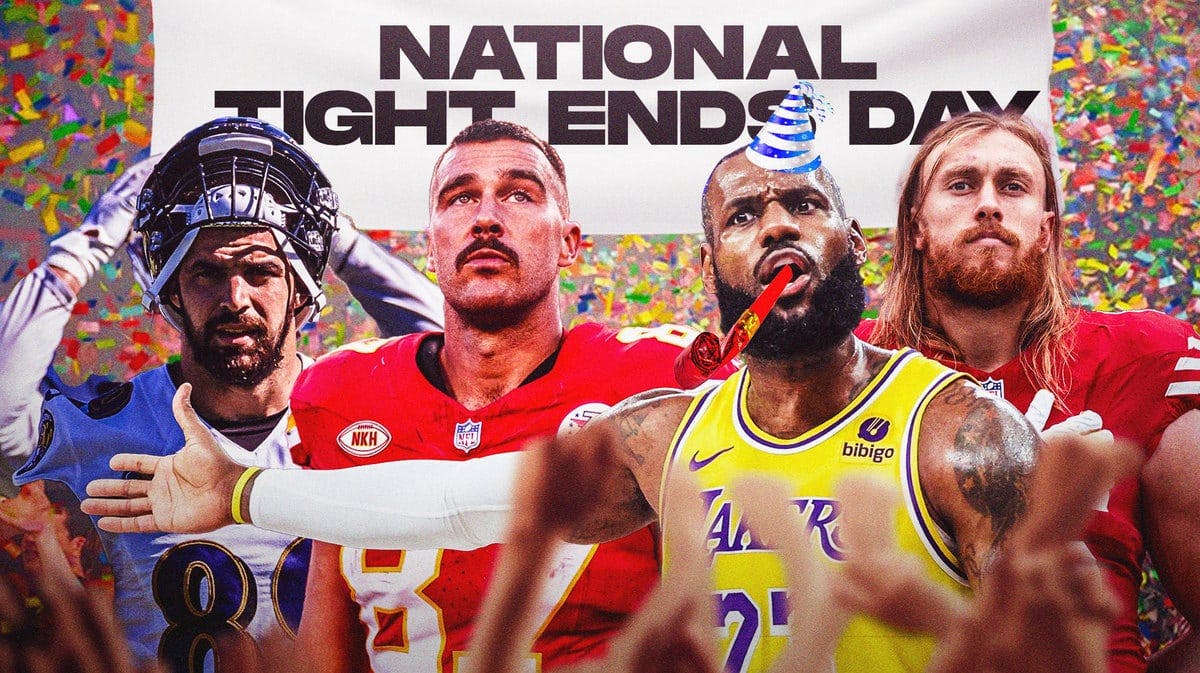 LeBron James celebrating National Tight Ends Day with Travis Kelce, George Kittle, Mark Andrews
