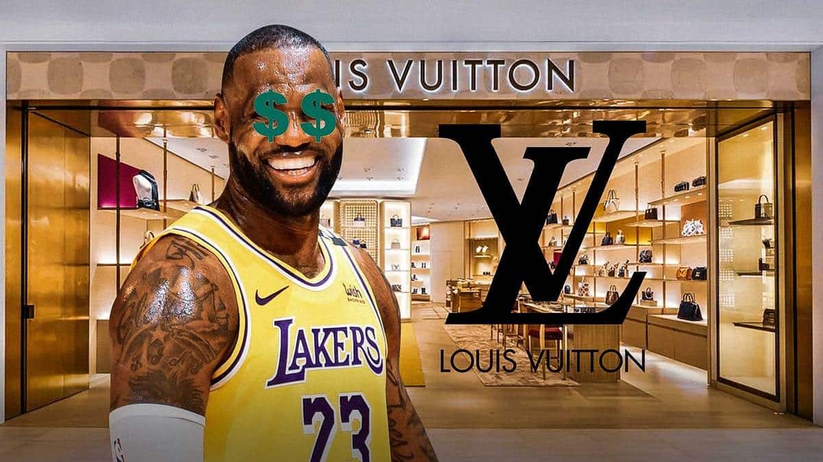 LeBron James with dollar signs in his eyes. Louis Vuitton logo in the background